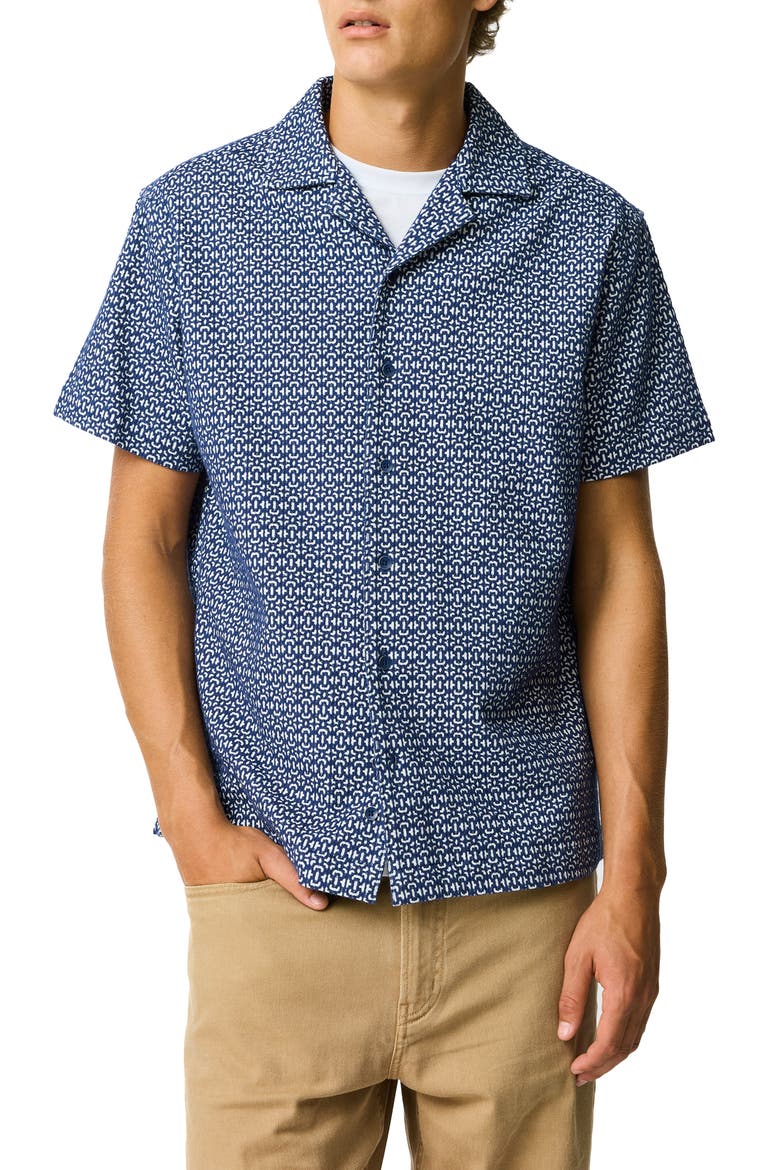 Knightsbridge Geometric Embroidery Cotton Camp Shirt, Main, color, INDIGO