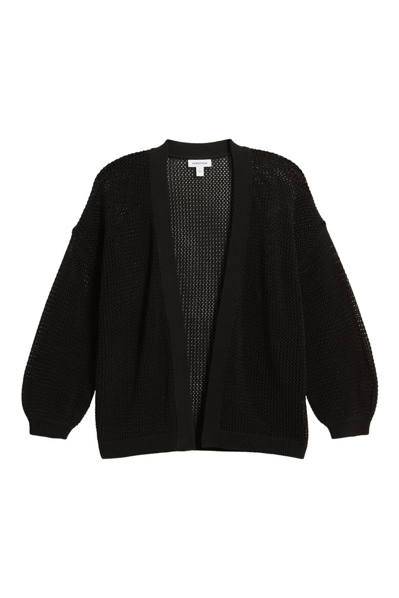 Open Stitch Front Cotton Cardigan, Alternate, color, BLACK