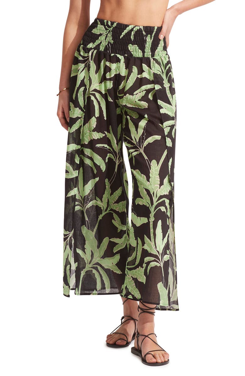 Seafolly Palm Paradise Smocked Slit Cover-Up Pants, Main, color, 