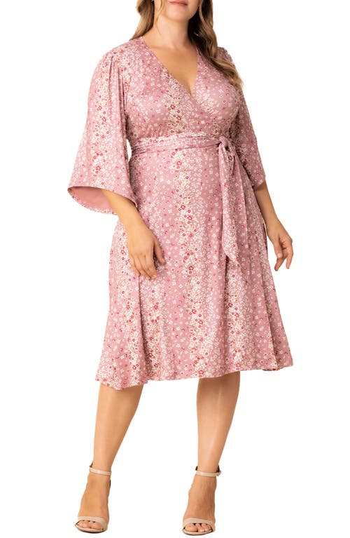 Kiyonna Gemini Floral Bell Sleeve Wrap Dress In Pink Floral Falls