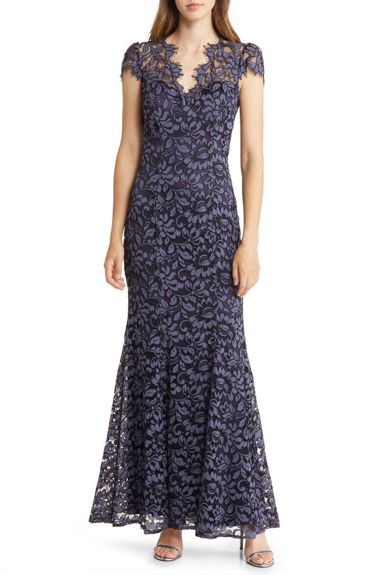 Illusion Cap Sleeve Gown, Main, color, NAVY