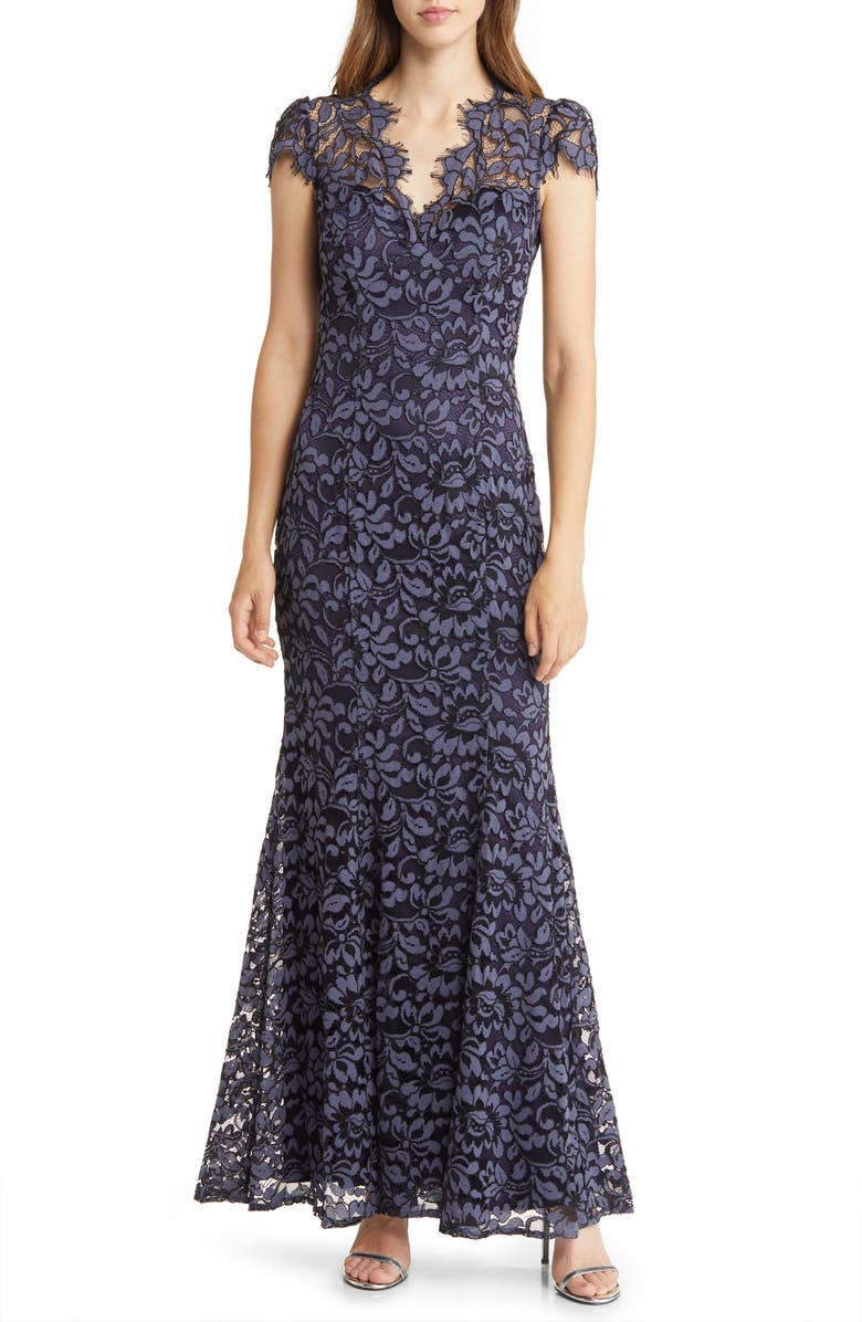 Eliza J Illusion Cap Sleeve Gown, Main, color, Navy