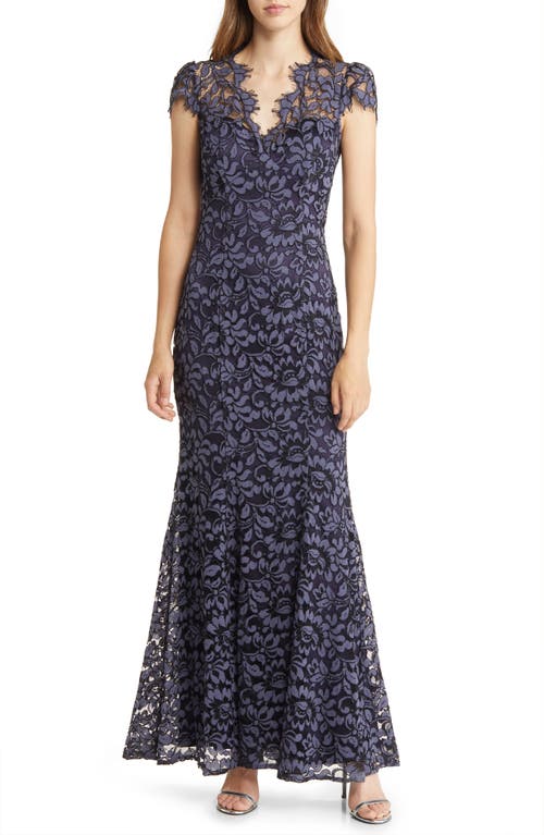 Eliza J Illusion Cap Sleeve Gown in Navy 