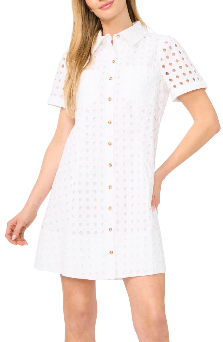 CeCe Cotton Eyelet Mini Shirtdress, Alternate, color, Ultra White