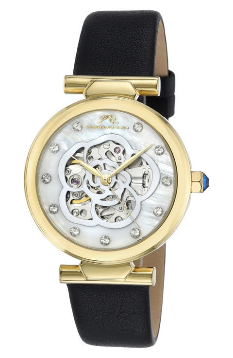 Laura White Topaz Automatic Leather Strap Watch, 36mm