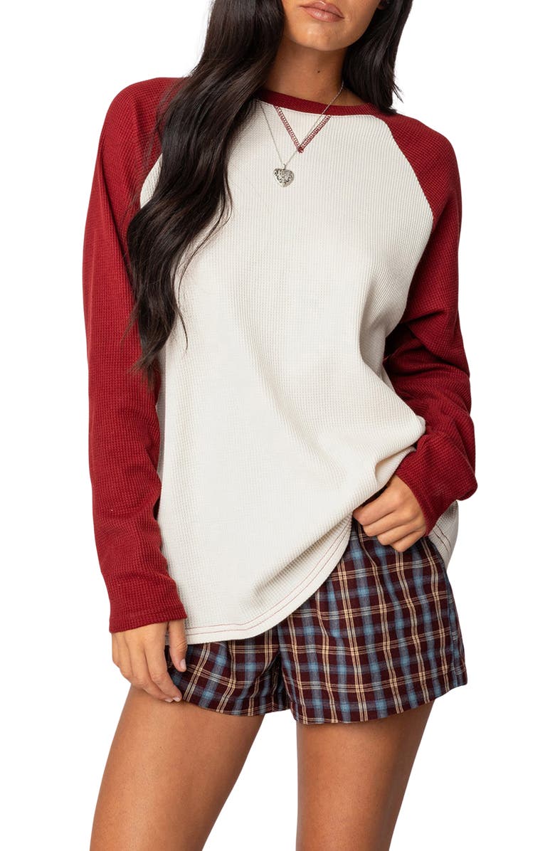 EDIKTED Me Time Oversize Waffe Stitch Pullover, Main, color, Burgundy
