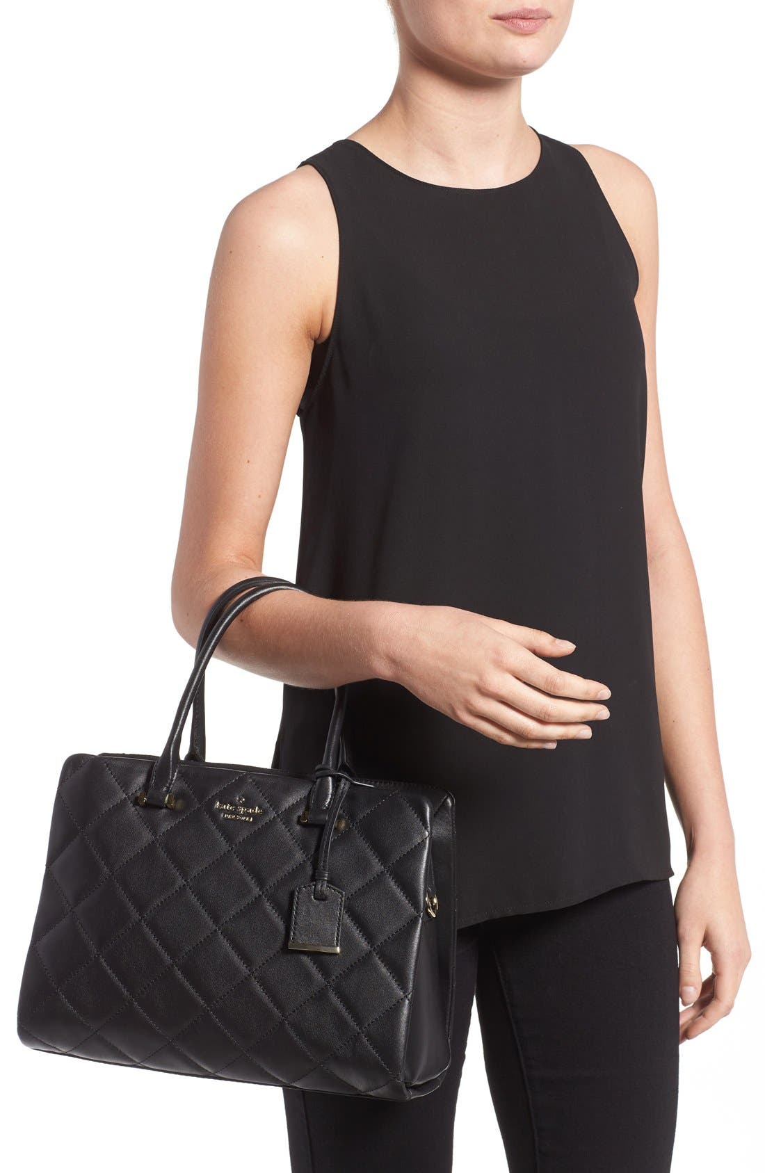 Kate Spade New York emerson place - olivera quilted leather satchel, Alternate, color, Black