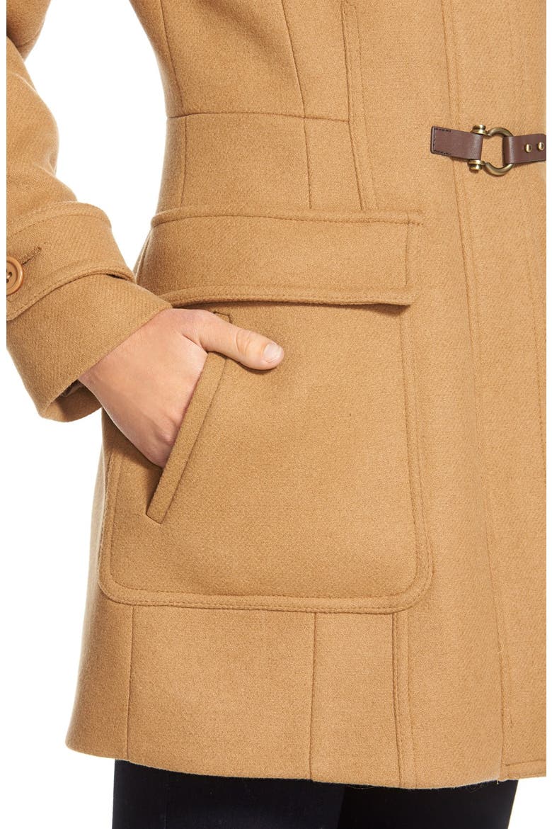 Genuine Coyote Fur Trim Wool Blend Duffle Coat, Alternate, color, CAMEL