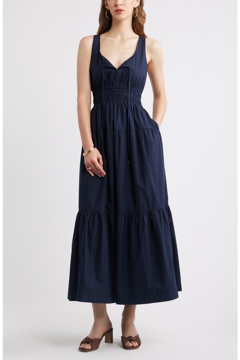 Cotton Poplin Tiered Maxi Sundress, Main, color, NAVY