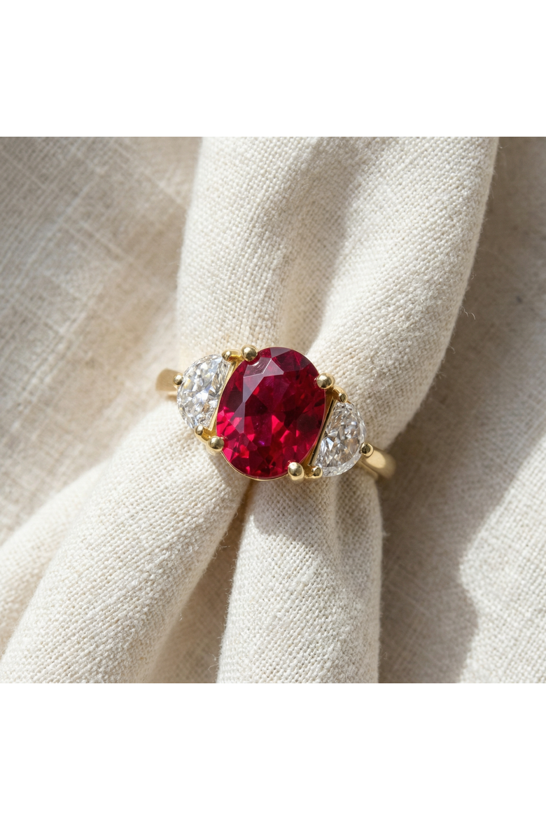Oval Ruby & Half Moon Diamond Ring 14k Gold Lab Grown, Alternate, color, 14k Yellow Gold