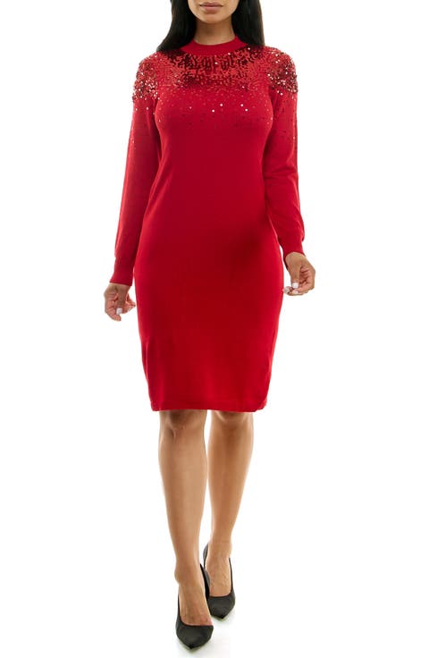 Sequin Embellished Long Sleeve Sweater Dress