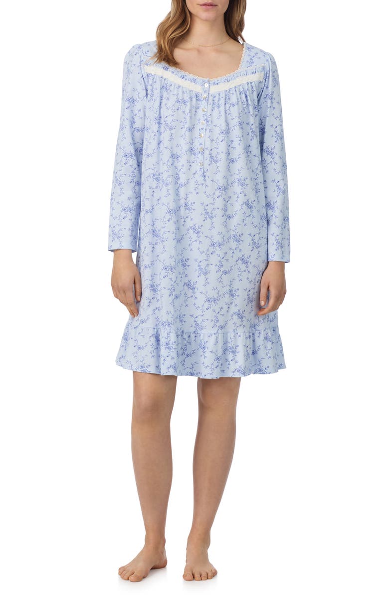 Eileen West Lace Trim Cotton Nightgown, Main, color, Blue/ Print