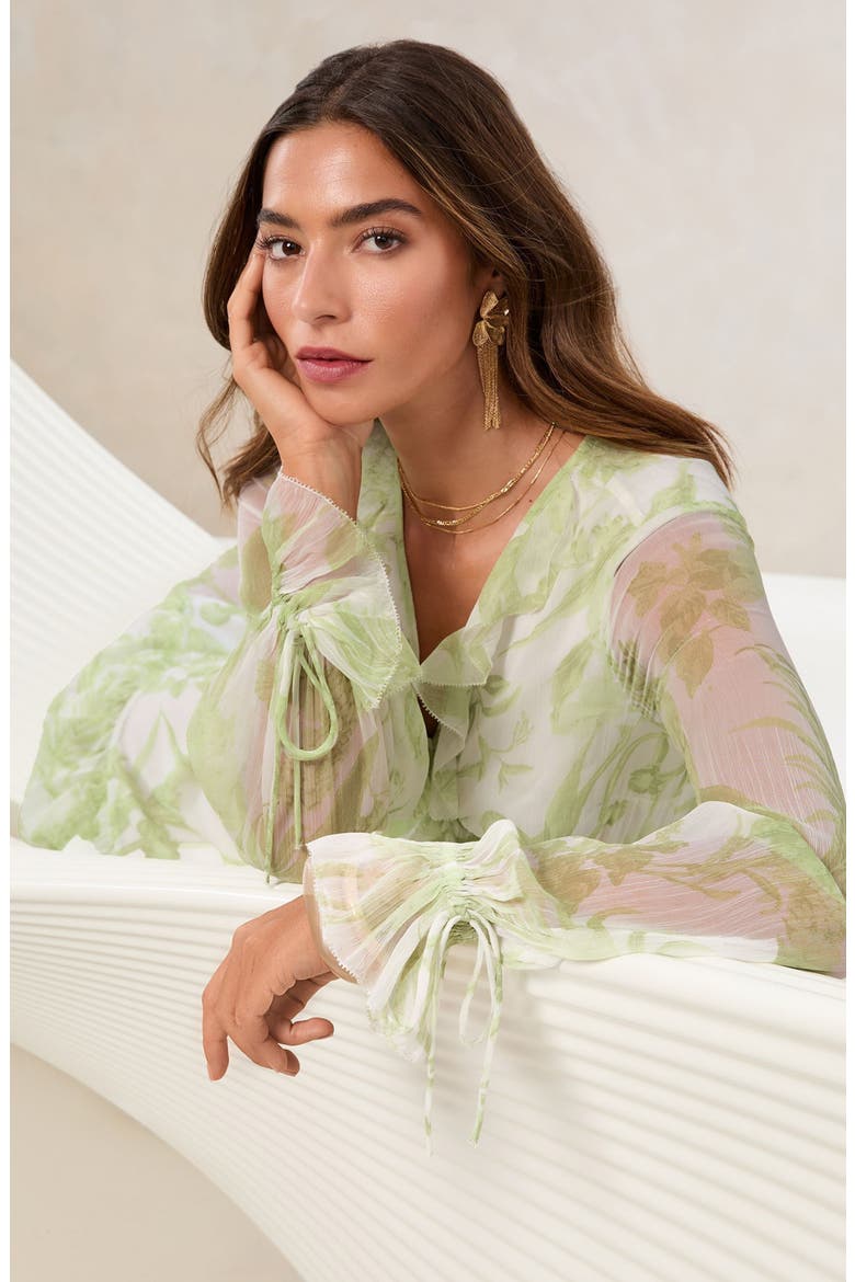 Long Sleeve Floral Print Chiffon Dress, Alternate, color, GREEN