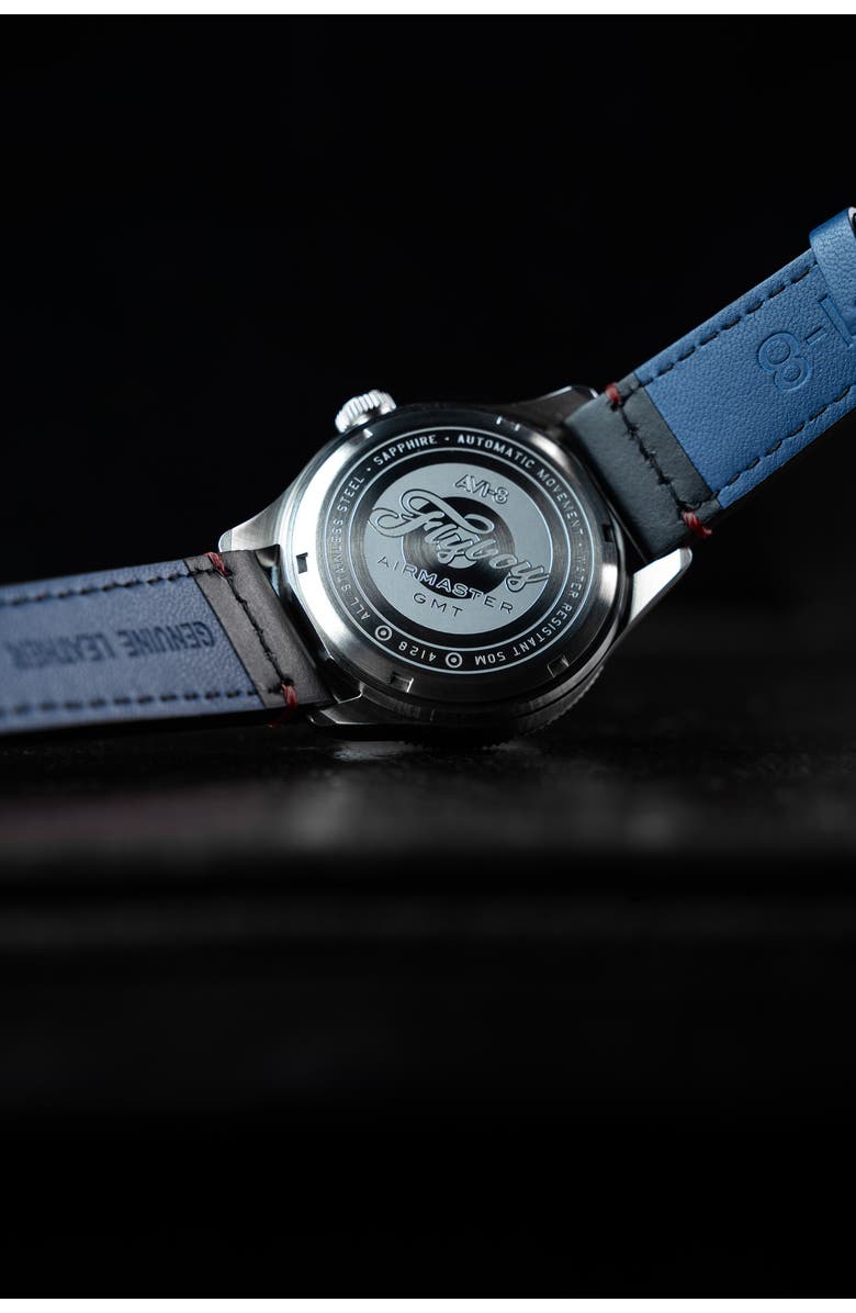 AVI-8 Flyboy Airmaster GMT Leather Strap Watch, 40mm, Alternate, color, Black