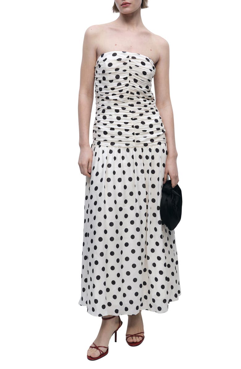 MANGO Polka Dot Ruched Maxi Sundress, Main, color, 