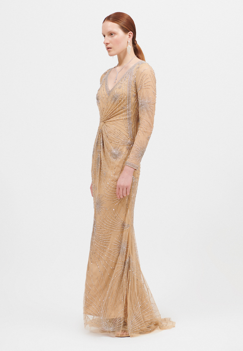 Beauut Embellished Sequin Beaded Maxi Dress With V-neck In Brown