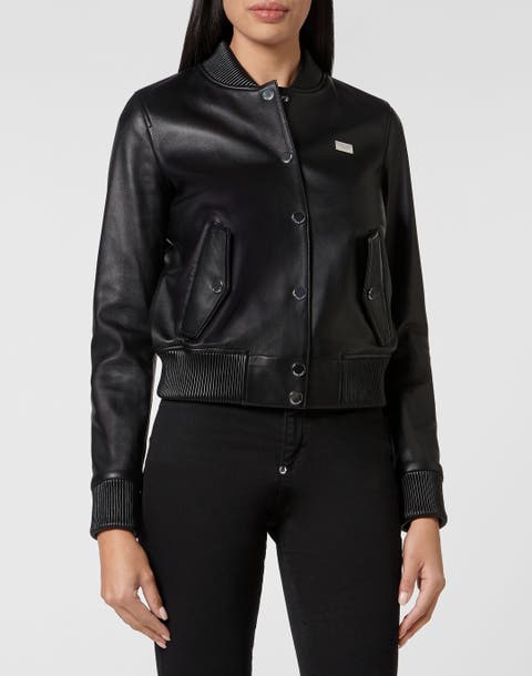 Rhinestone Skull Nappa Leather Bomber Jacket Women