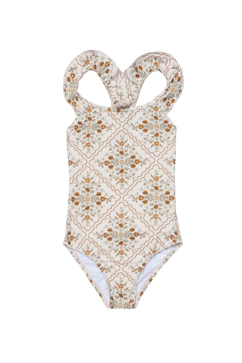 Love Notes Square Neck Ruffle One Piece Swimsuit, Alternate, color, Cream-Brown