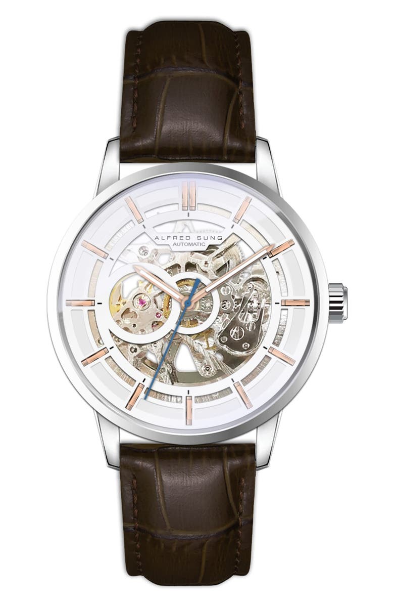 Alfred Sung Automatic III Quartz Leather Strap Watch, 43mm, Main, color,