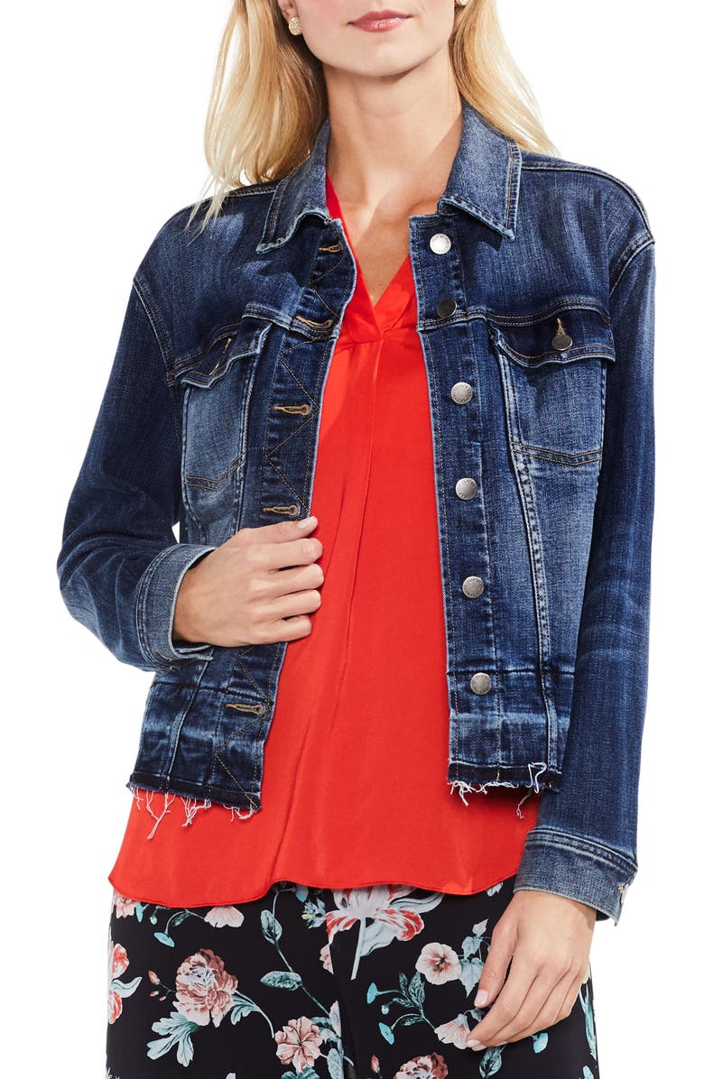 Vince Camuto Indigo Released Hem Denim Jacket, Main, color, 