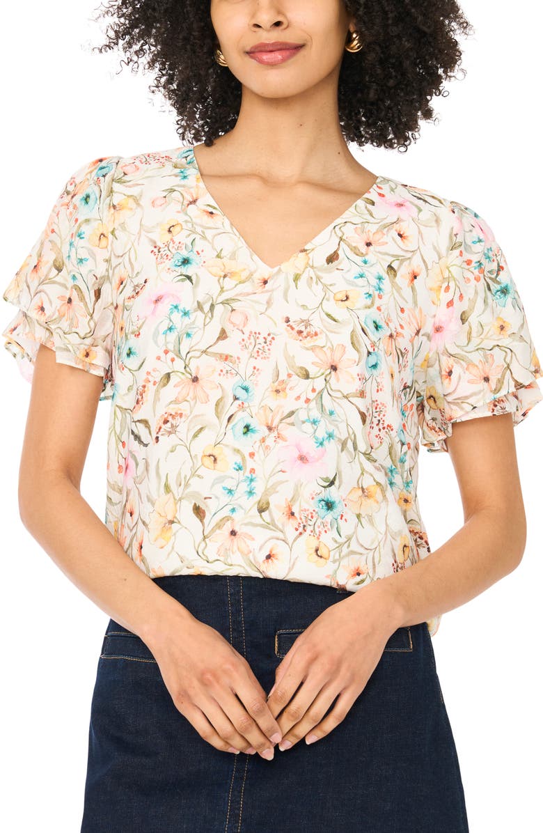 Vince Camuto Print Tulip Sleeve Top, Alternate, color, Antique White