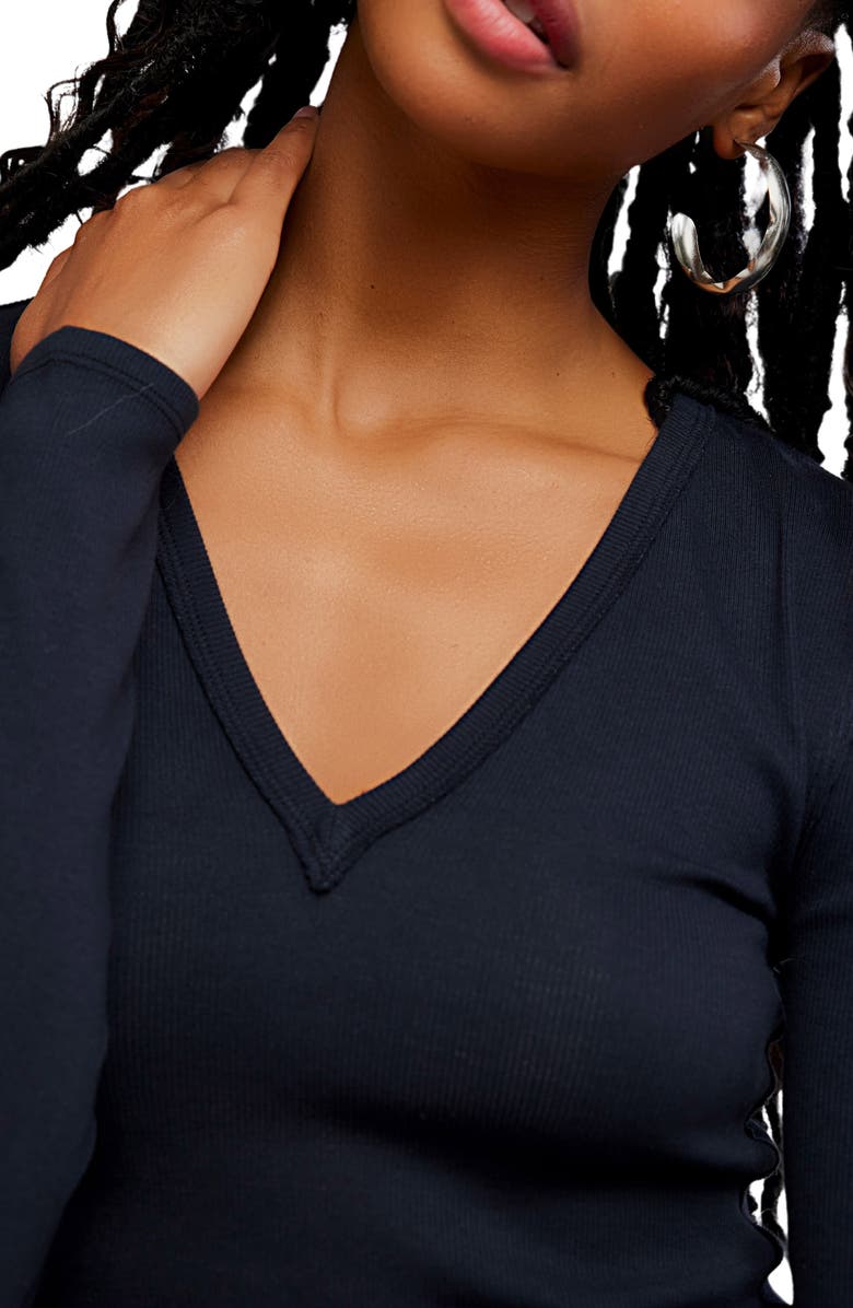 Free People Neria Long Sleeve Stretch Cotton Crop Top, Alternate, color, Black