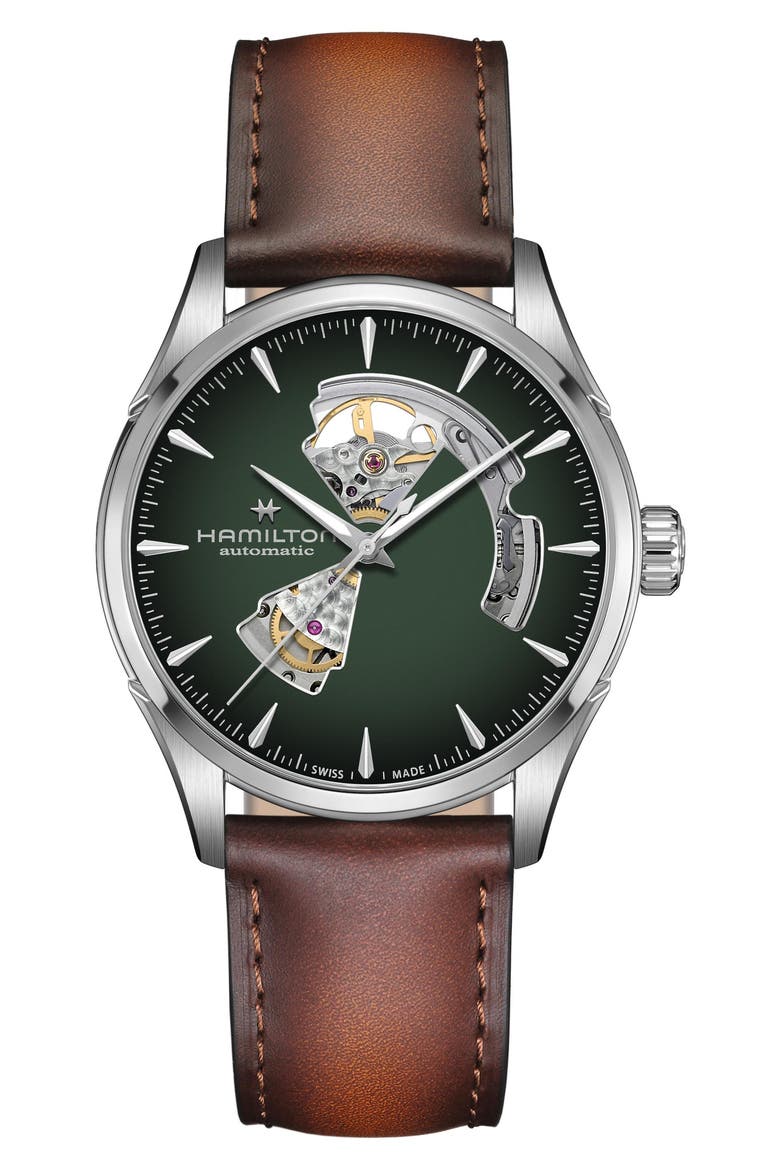 Jazzmaster Open Heart Automatic Leather Strap Watch, 42mm, Main, color, GREEN