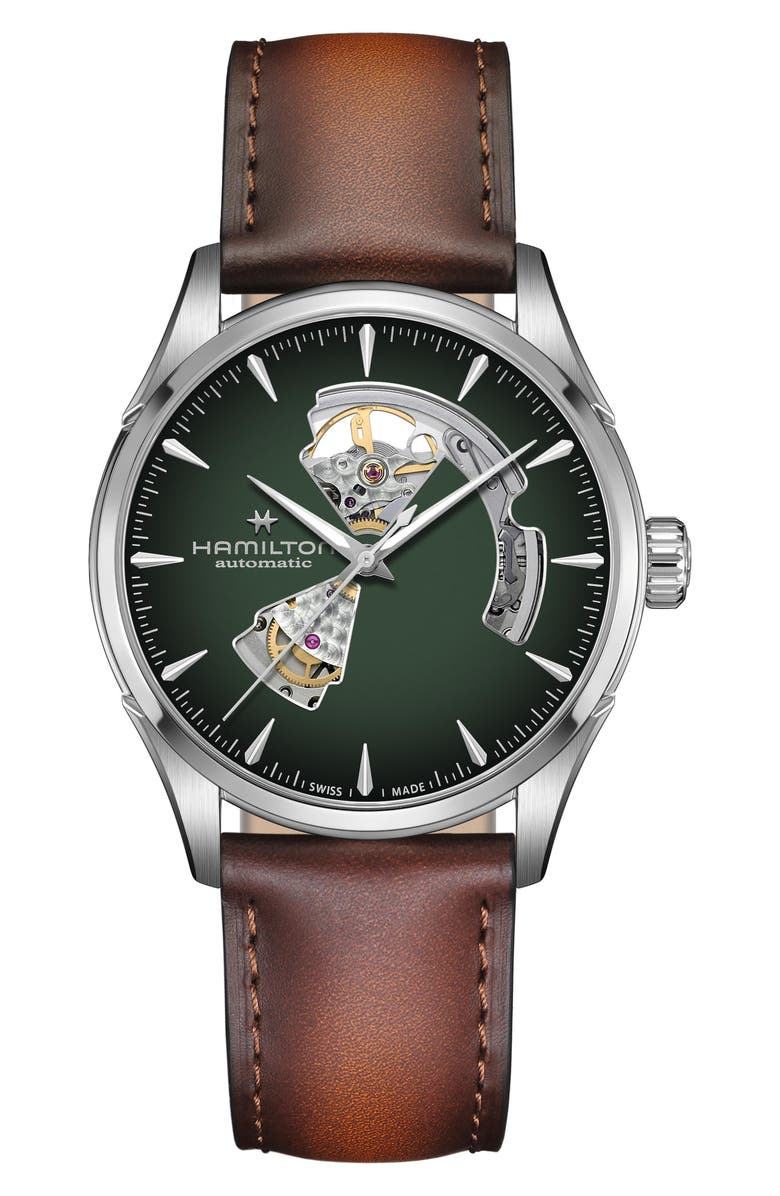 Hamilton Jazzmaster Open Heart Automatic Leather Strap Watch, 42mm, Main, color, Green