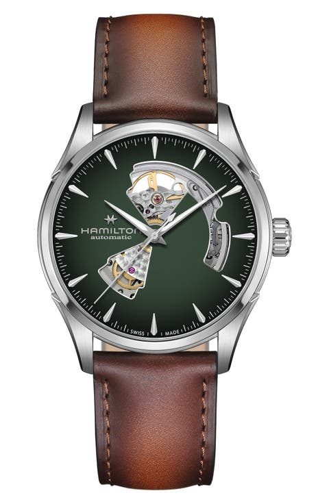 Jazzmaster Open Heart Automatic Leather Strap Watch, 42mm