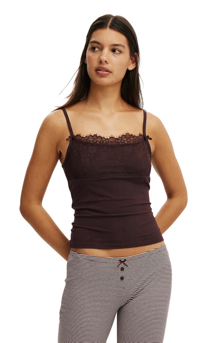 COTTON ON BODY Women's Dreamy Soft Lace Overlay Cami, Main, color, Chocolate Plum