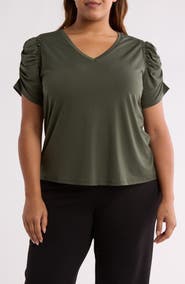 T Tahari Ruched V-Neck T-Shirt