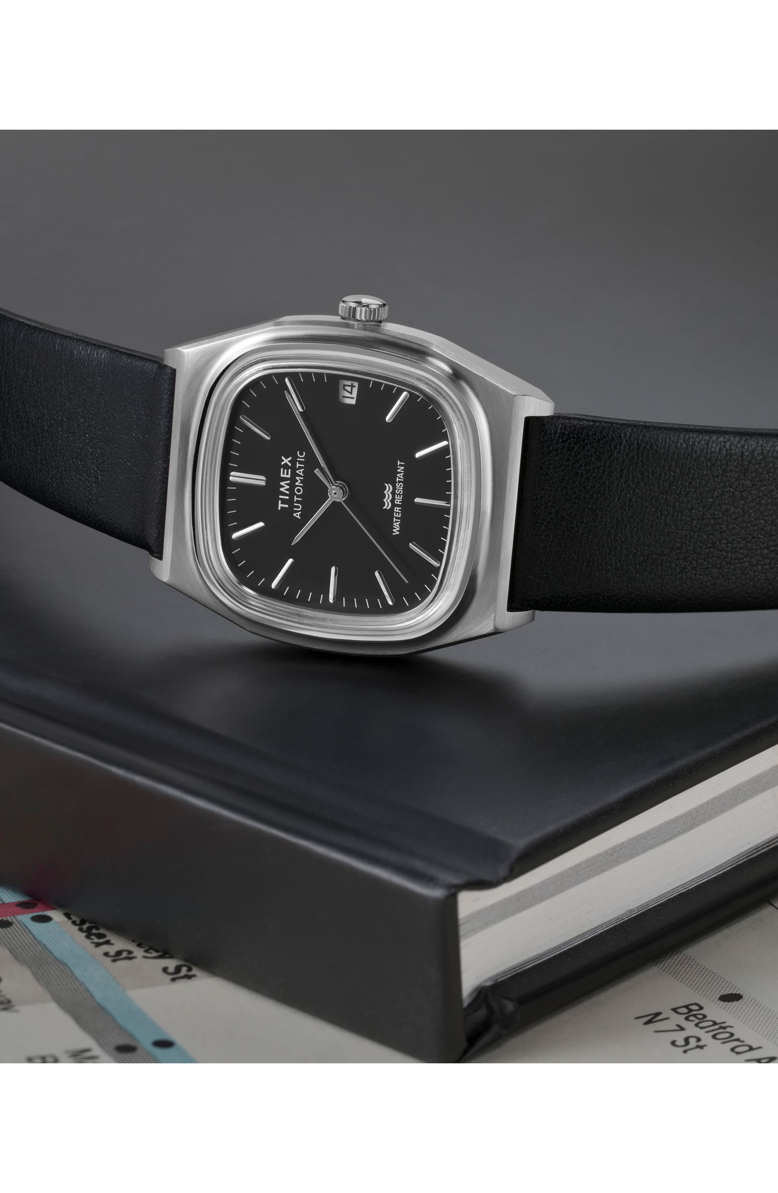 Timex® Automatic 1983 E-Line Reissue Leather Strap Watch, 34mm