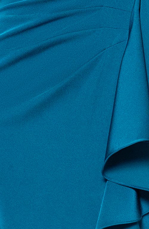 Xscape Evenings Ruffle Off The Shoulder Satin Faille Trumpet Gown In Blue