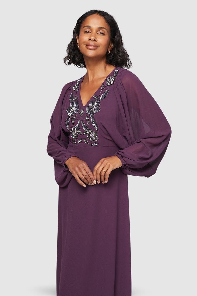 Embellished Balloon Sleeve Midi Dress, Alternate, color, Plum