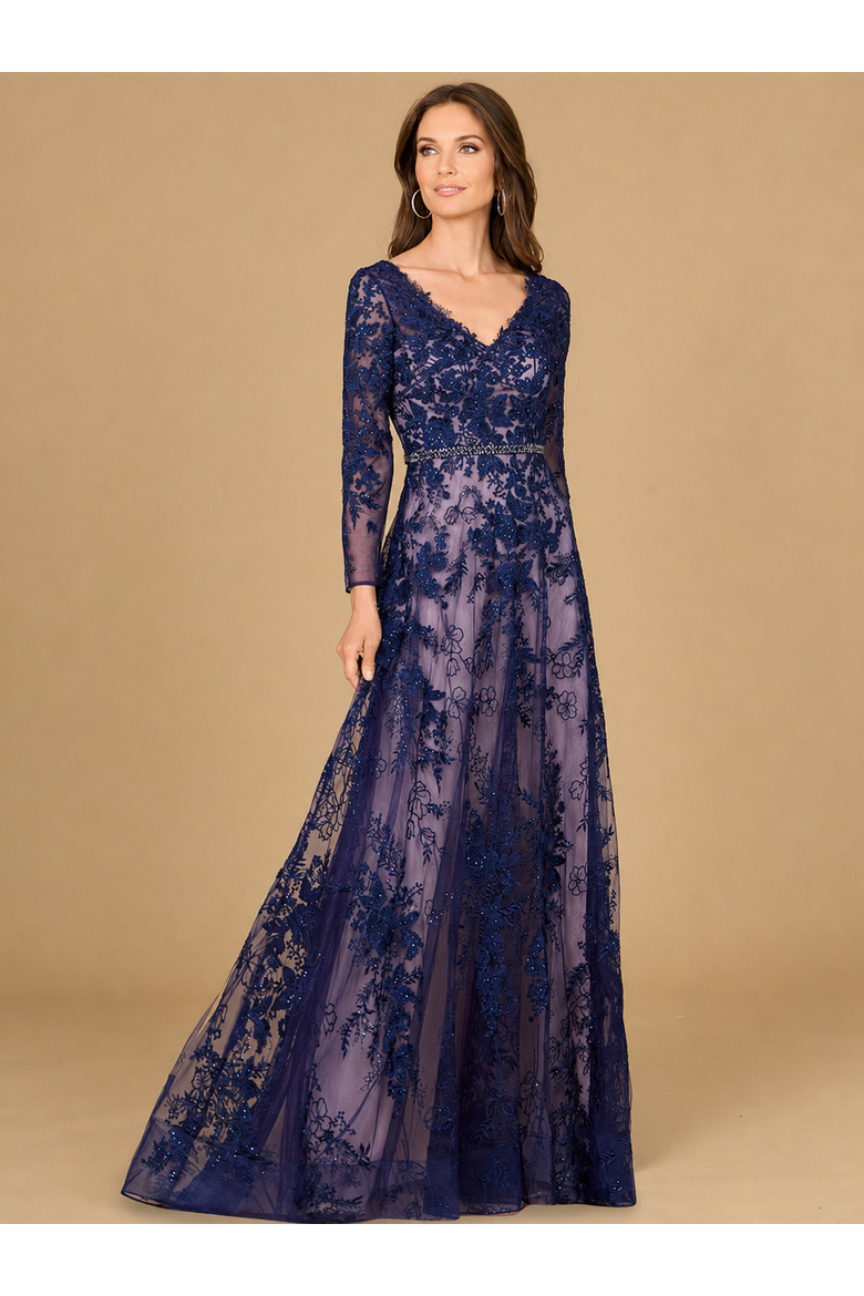 Long Sleeve V-Neck Lace Gown with Beaded Belt, Main, color, Navy