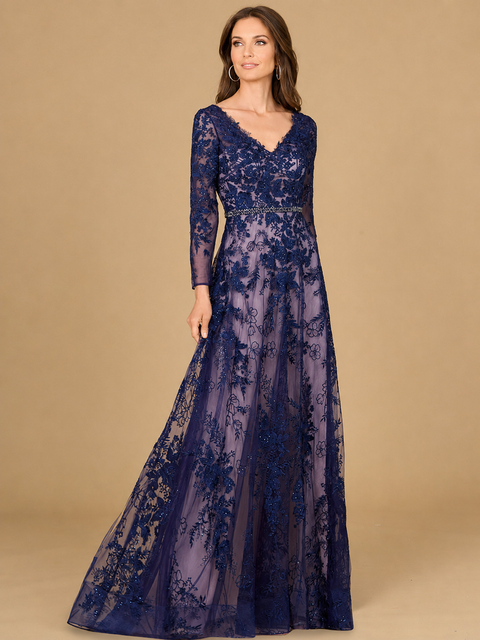 Long Sleeve V-Neck Lace Gown with Beaded Belt