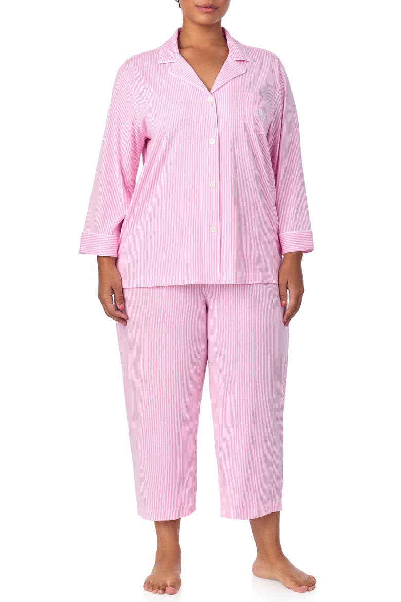 Knit Crop Pajamas, Main, color, LAGOON PINK/ WHITE STRIPE
