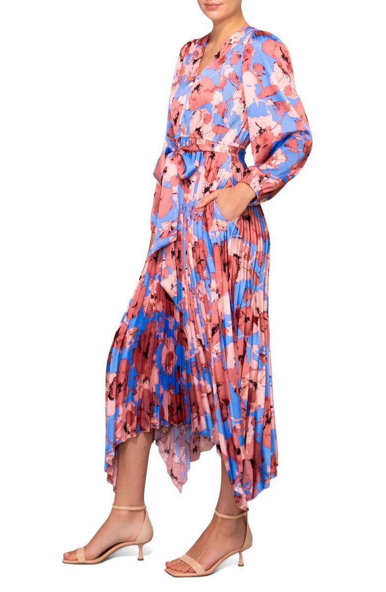 MELLODAY Pleated Asymmetrical Maxi Dress, Alternate, color, Blue Blush Floral