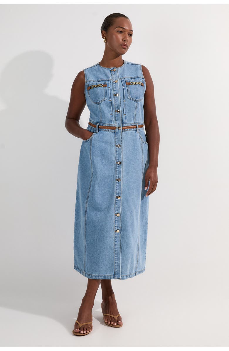 Karen Millen Tipping Sleeveless Midi Denim Dress, Main, color, Light Blue