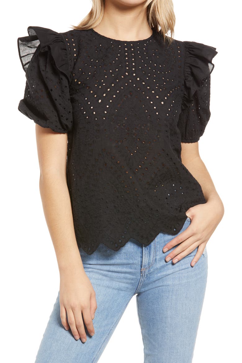 Ruffle Puff Sleeve Cotton Eyelet Top, Main, color, BLACK