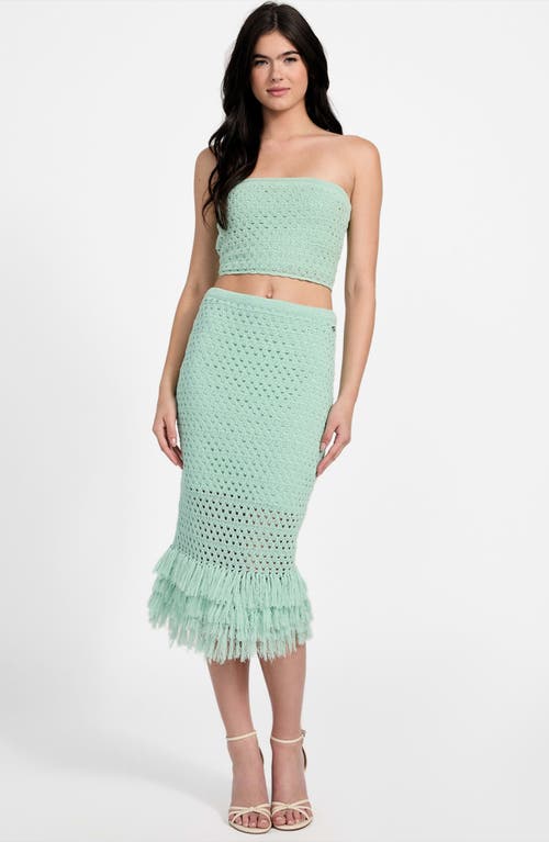 Guess Luca Fringe Hem Open Stitch Midi Skirt In Green