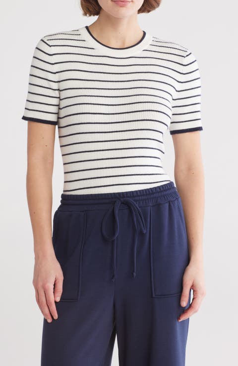 Short Sleeve Ribbed Striped Sweater
