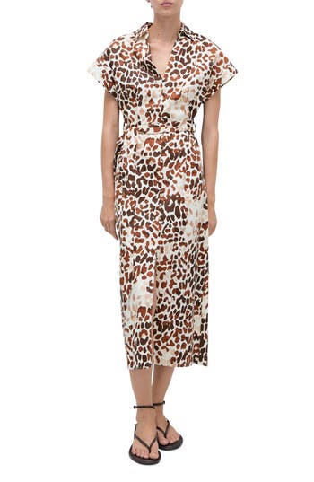 Mango Animal Print Tie Waist Midi Shirtdress