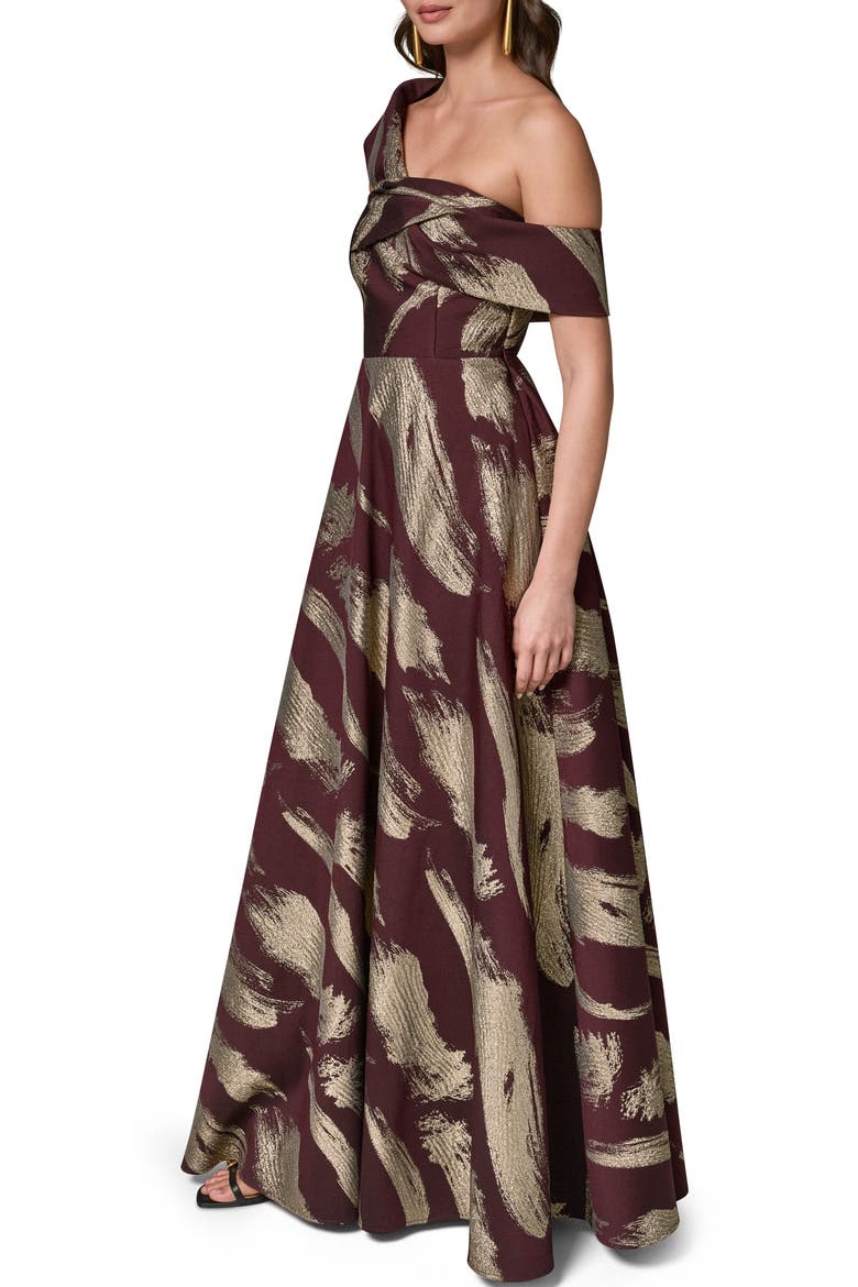 Metallic Abstract Print One-Shoulder Gown, Alternate, color, PRUNE/ PALE
