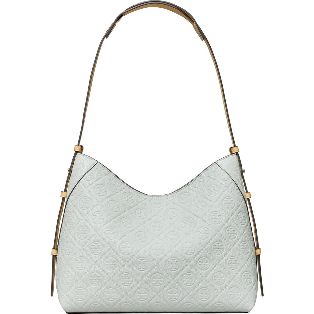 Tory Burch T Monogram Pebble Leather Messenger Bag In Silver
