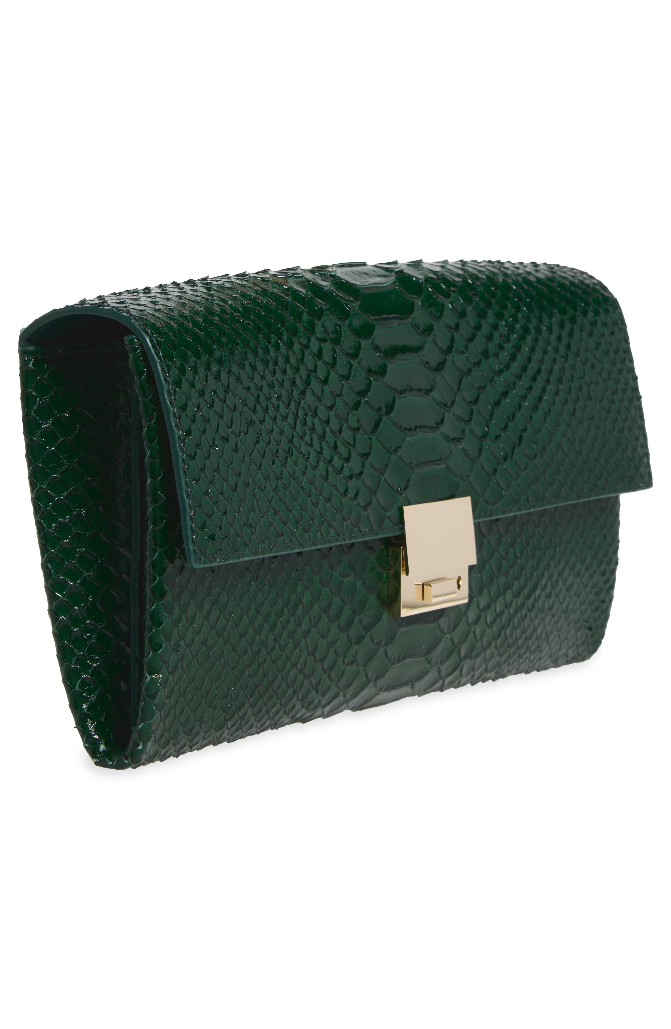 Jean Python Embossed Leather Clutch, Alternate, color, EMERALD GREEN