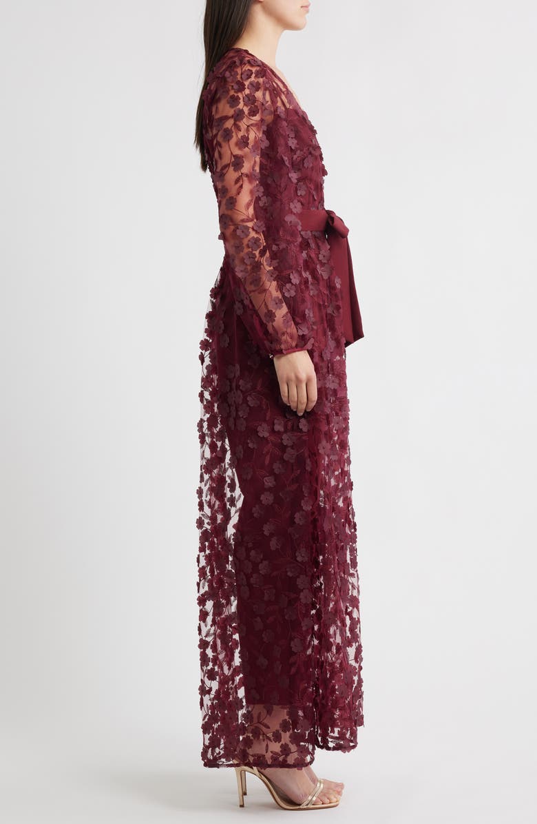 Julia Jordan Floral Overlay Jacket & Belted Jumpsuit, Alternate, color, Burgundy