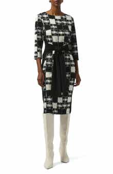 Jacquard Sheath Dress with Sash