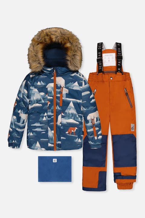 Play Faux Fur Hood Bear Jacket & Pants Two Piece Snowsuit
