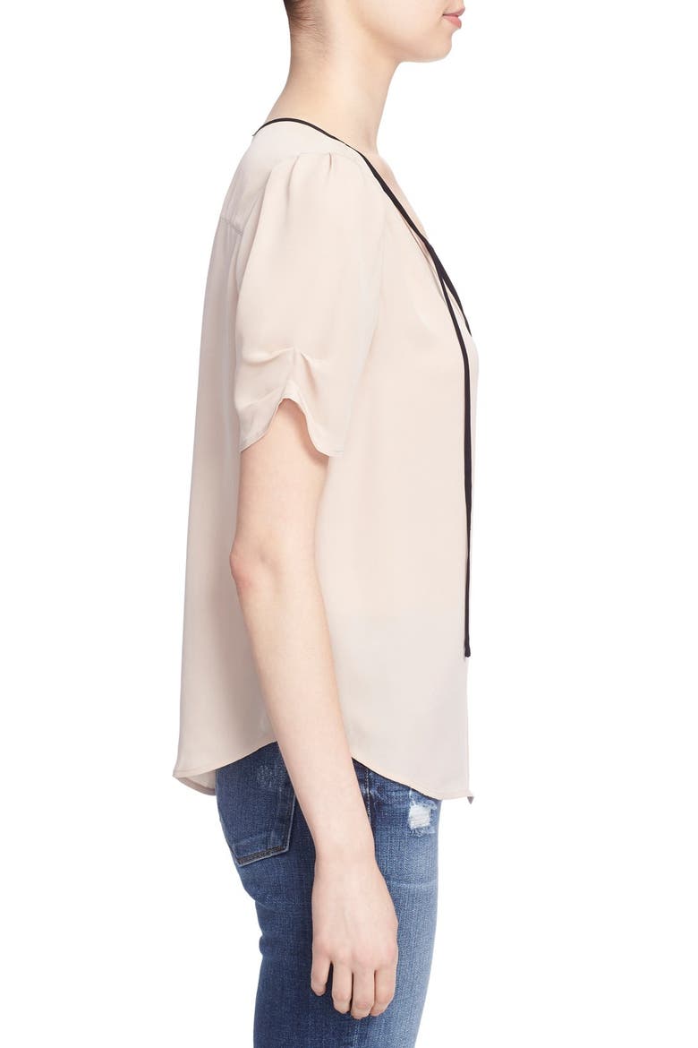 'Amone B' Split Neck Silk Blouse, Alternate, color, ALMOND W/ CAVIAR